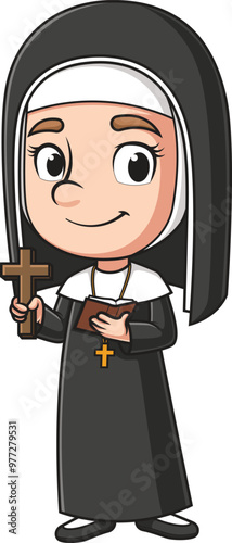 Cartoon christian nun holding cross and bible vector illustration