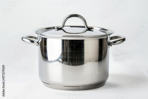 A stainless steel pot sitting on a clean white surface