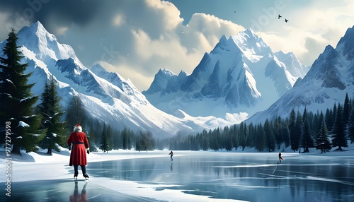 Ded Moroz ice skating on a frozen lake amidst snowy mountains, embodying the spirit of Christmas and winter folklore in a festive celebration photo