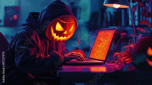 Creative Office Worker in Jack-o'-Lantern Suit Engaged with Laptop on Spooky Halloween Theme photo