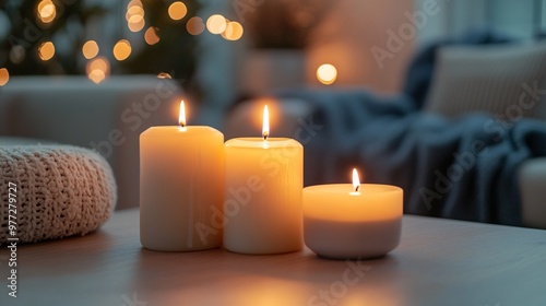 Winter candles flickering on a coffee table, soft ambient light, gentle warmth and cozy comfort