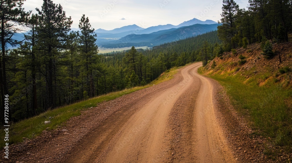 Fototapeta premium Pine forest dirt road winding through rugged wilderness.
