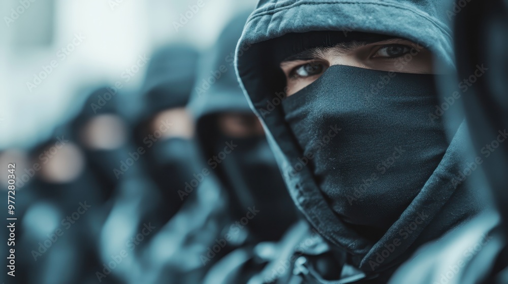 A group of masked figures clad in black hoods and dark clothing standing in formation, exuding mystery and uniformity in a possibly coordinated gathering. A group of masked figures clad in black hoods and dark clothing standing in formation, exuding mystery and uniformity in a possibly coordinated gathering.
