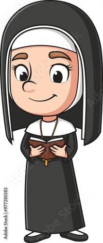 Cartoon christian nun reading the holy bible vector illustration