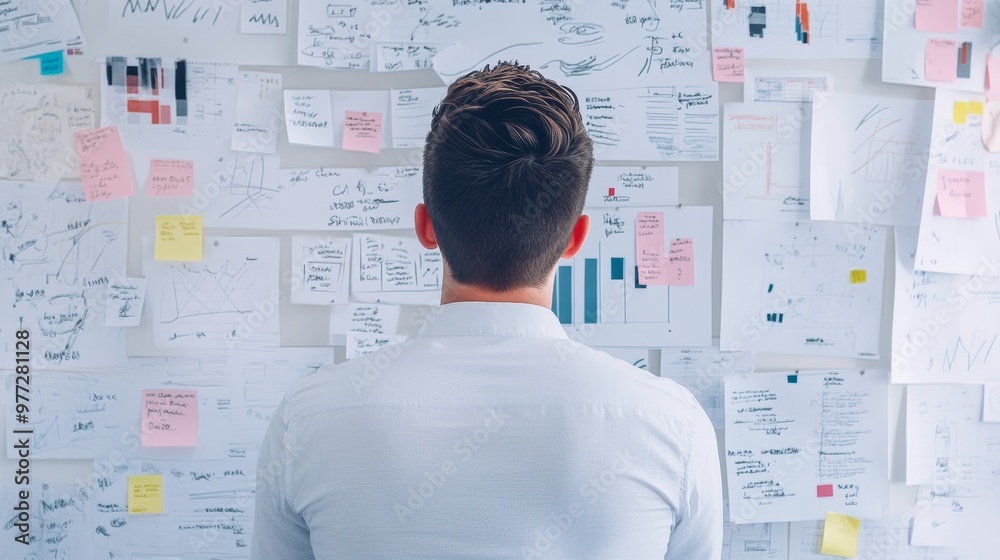 Entrepreneur reviewing business plan emphasizing company milestones, goals. Entrepreneur reviewing business plan emphasizing company milestones, goals.