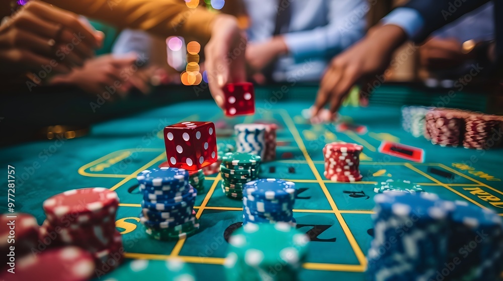 Betting Chips on Craps Table: Hands placing a bet on the craps table, dice ready to be rolled and chips in place.
Betting Chips on Craps Table: Hands placing a bet on the craps table, dice ready to be rolled and chips in place.