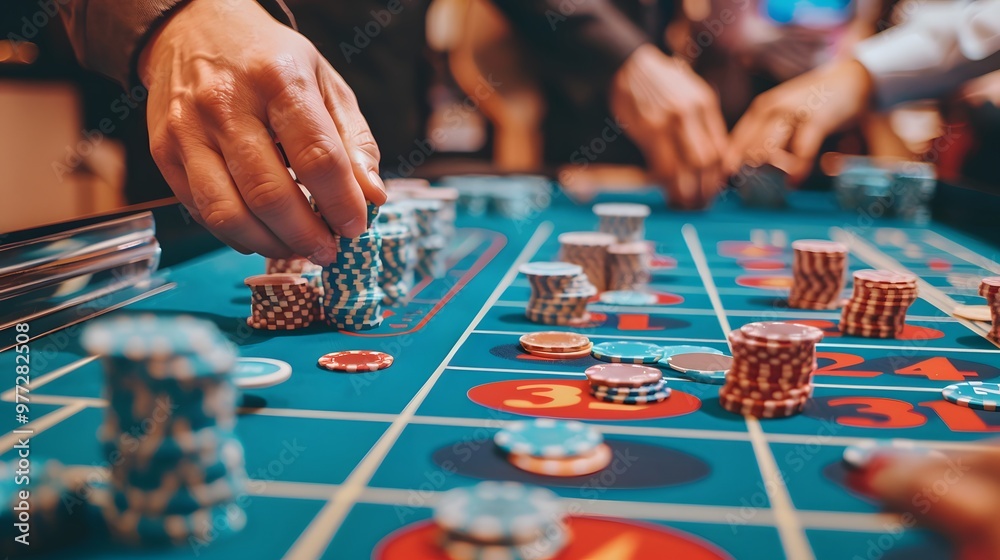 Betting Chips on Craps Table: Hands placing a bet on the craps table, dice ready to be rolled and chips in place.
Betting Chips on Craps Table: Hands placing a bet on the craps table, dice ready to be rolled and chips in place.