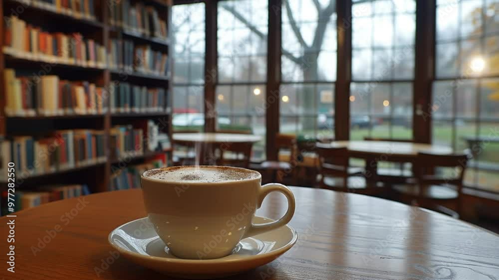 a cup of coffee in the morning in the library room with the lights flashing in the morning video background a cup of coffee in the morning in the library room with the lights flashing in the morning video background