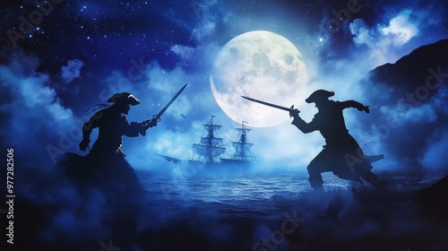 Moonlit pirate duel for cursed treasure in watercolor style.