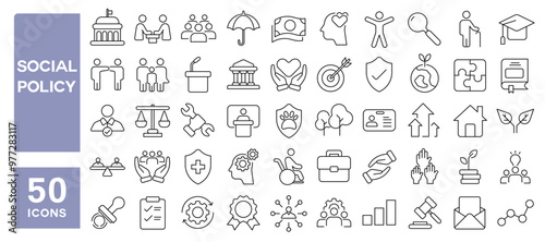 Set of 50 line icons related to social policy, equal, care, justice, legislative, legal, services, government, protection, education, healthcare, safety, support, Editable stroke. Vector illustration