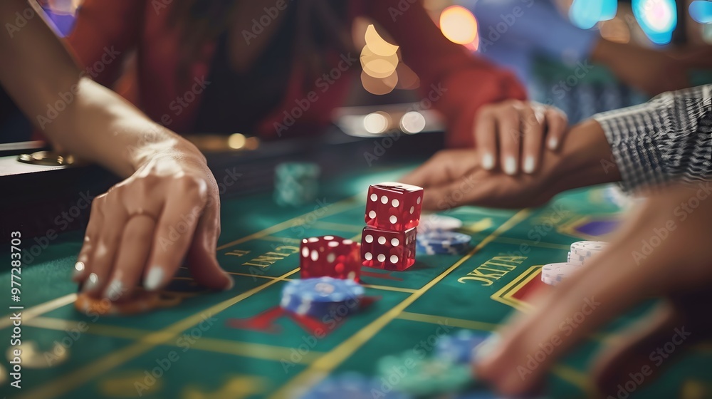 Betting Chips on Craps Table: Hands placing a bet on the craps table, dice ready to be rolled and chips in place.
Betting Chips on Craps Table: Hands placing a bet on the craps table, dice ready to be rolled and chips in place.