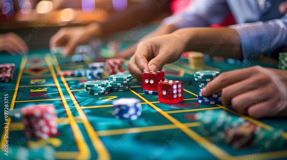 Betting Chips on Craps Table: Hands placing a bet on the craps table, dice ready to be rolled and chips in place.
Betting Chips on Craps Table: Hands placing a bet on the craps table, dice ready to be rolled and chips in place.