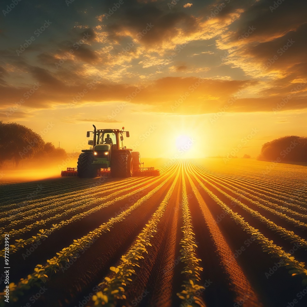 A tractor plowing a field at sunset, highlighting the harmony between technology and nature in rural farming A tractor plowing a field at sunset, highlighting the harmony between technology and nature in rural farming