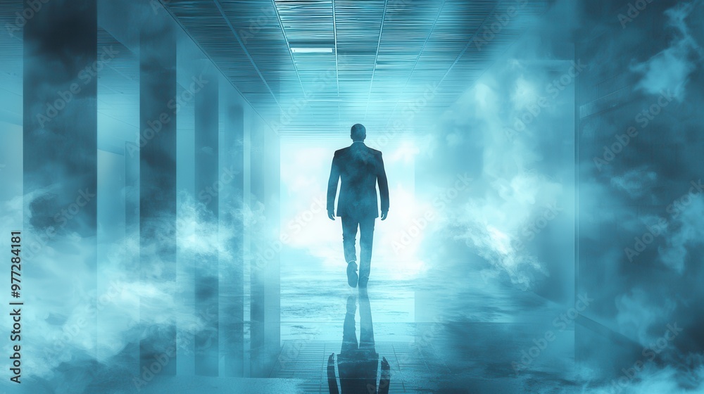 Phantom Executive in Suit Gliding Through Foggy Office Corridor - Spooky Business Atmosphere Phantom Executive in Suit Gliding Through Foggy Office Corridor - Spooky Business Atmosphere