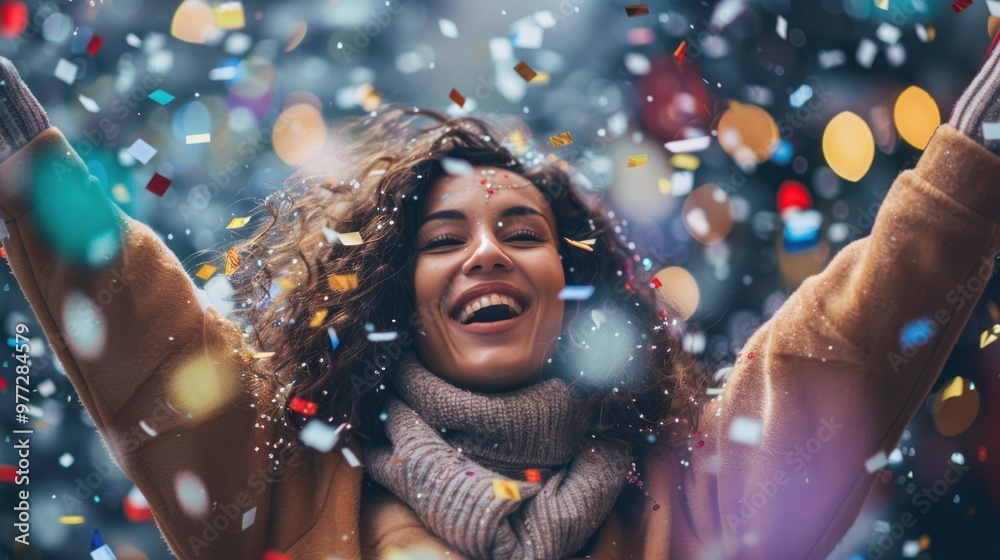 A woman is standing in the snow, surrounded by confetti, and is smiling