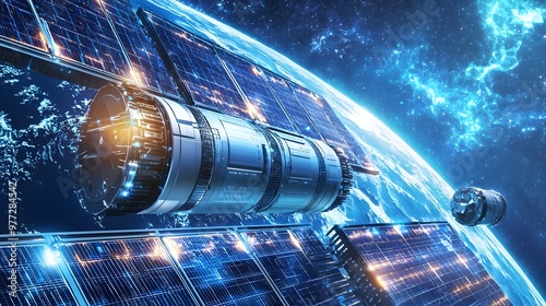 Fototapeta Naklejka Na Ścianę i Meble -  Depiction of Solid-State Batteries Powering Satellites and Space Stations in Cosmic Energy Storage