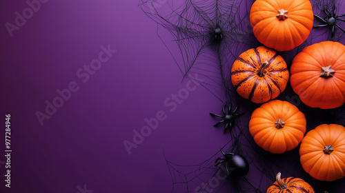 AI illustration for Halloween, orange pumpkins, spider webs, and spiders on a purple background. Scary background with space for copy, happy halloween postcard, autumn holiday, horror stories