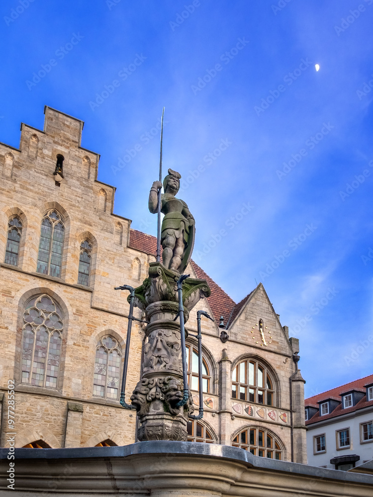 Fototapeta premium Roland Statue in Front of Town Hall on Marktplatz, Hildesheim, Germany
