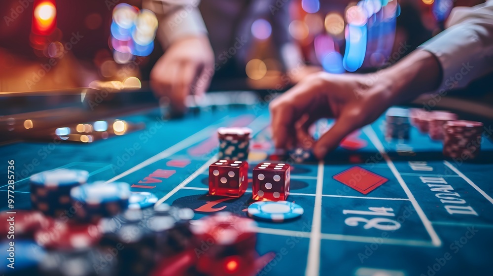 Betting Chips on Craps Table: Hands placing a bet on the craps table, dice ready to be rolled and chips in place.
Betting Chips on Craps Table: Hands placing a bet on the craps table, dice ready to be rolled and chips in place.