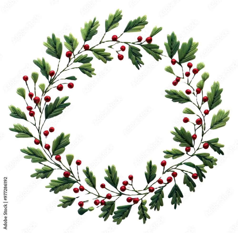 Fototapeta premium PNG Holly wreath in embroidery style pattern celebration creativity.