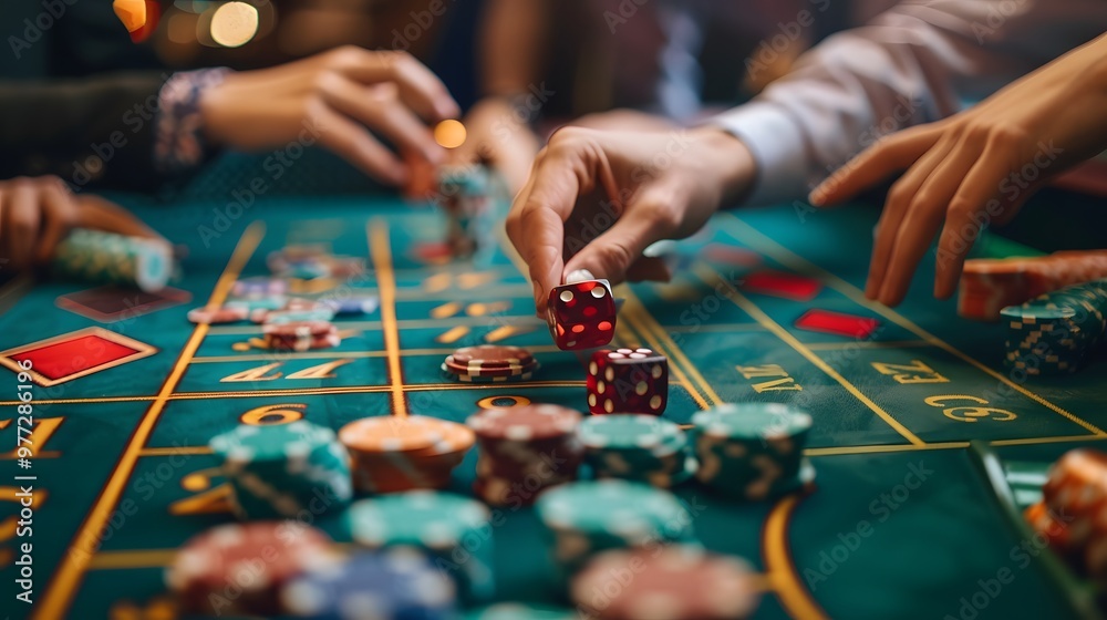 Betting Chips on Craps Table: Hands placing a bet on the craps table, dice ready to be rolled and chips in place.
Betting Chips on Craps Table: Hands placing a bet on the craps table, dice ready to be rolled and chips in place.