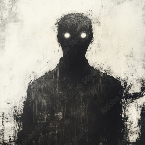 Abstract figure with glowing eyes in a dark, textured background.