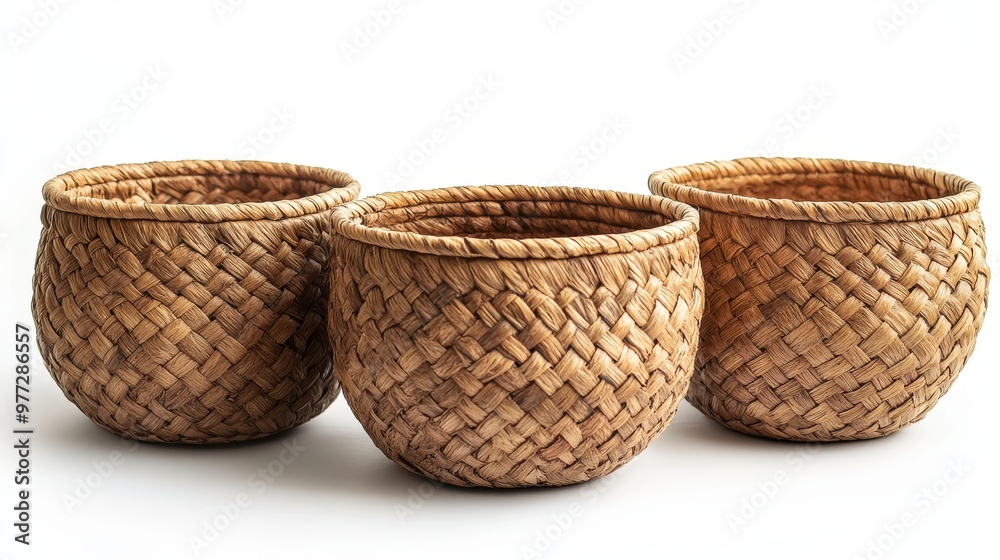 Decorative baskets made from natural fibers, placed on a clean white background Decorative baskets made from natural fibers, placed on a clean white background