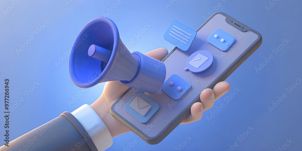 Bubble social media concept: A hand holding a smartphone and a megaphone notification in a minimal cartoon style, with talk, chat, and comments. This is a 3D rendered illustration. Bubble social media concept: A hand holding a smartphone and a megaphone notification in a minimal cartoon style, with talk, chat, and comments. This is a 3D rendered illustration.