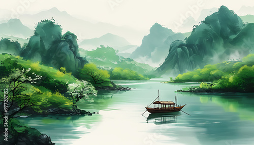 Poetic boat amidst green mountains and clear water, Chinese ink painting style background of spring at Qingming Festival photo