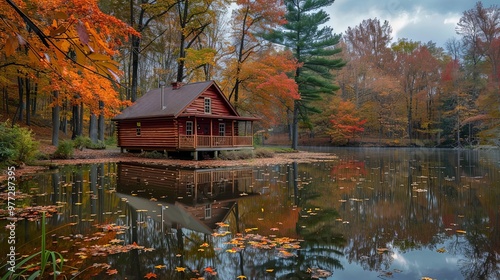 An inviting cabin with a wraparound porch sits by a still lake, its reflection creating a beautiful mirror image, all surrounded by lush fall foliage in rich colors.