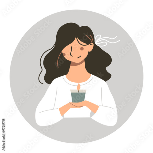 Vector abstract portrait of girl holds a candle in her hands. Nice young sad woman. Avatar for social network.