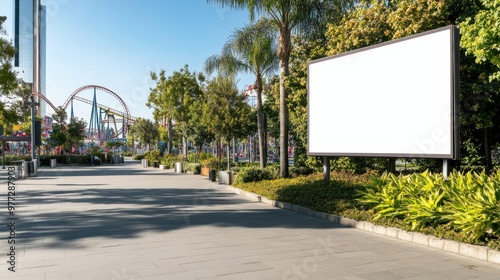 Blank Billboard in Amusement Park with Palm Trees and Walkway photo