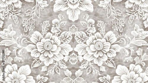 Wallpaper Mural Elegant floral pattern design featuring intricate white flowers on a soft grey background, perfect for textiles and wallpapers. Torontodigital.ca
