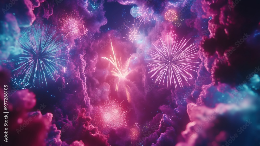 Obraz premium A colorful fireworks display in the sky. The fireworks are in different colors and are scattered throughout the sky. Scene is celebratory and festive