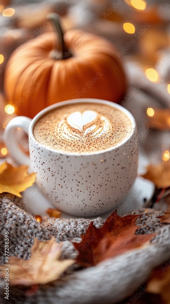 Autumn pumpkin with coffee cup and warm leaves Autumn pumpkin with coffee cup and warm leaves