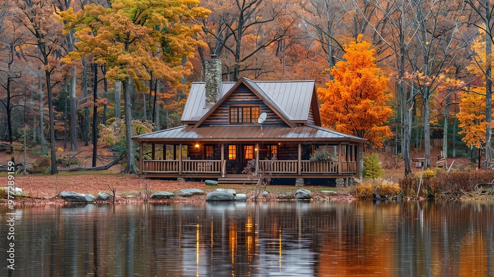 A beautiful, cozy cabin sits by a calm lake, surrounded by vibrant autumn trees reflecting in the water, creating a serene and picturesque scene perfect for relaxation. A beautiful, cozy cabin sits by a calm lake, surrounded by vibrant autumn trees reflecting in the water, creating a serene and picturesque scene perfect for relaxation.
