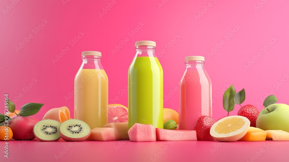 Fresh fruit organic juice bottles, 3D render. Fresh fruit organic juice bottles, 3D render.