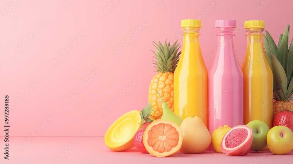 Fresh fruit organic juice bottles in 3D. Fresh fruit organic juice bottles in 3D.