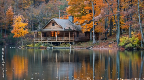 A charming rustic cabin nestled by a peaceful lake, surrounded by vibrant red and orange autumn trees. The reflection of the cabin and trees in the lake adds to the tranquility.