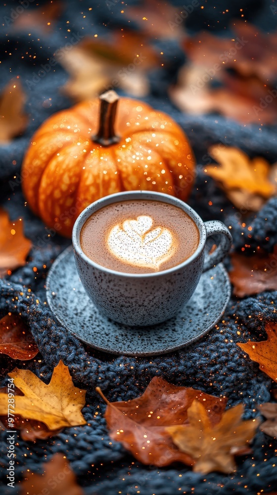 Autumn pumpkin with coffee cup and warm leaves Autumn pumpkin with coffee cup and warm leaves