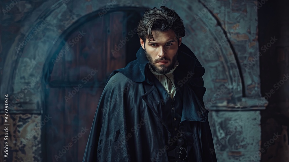 A mysterious vampire in a long black cloak in the middle of a gothic castle. Halloween illustration concept. Victorian era. A mysterious vampire in a long black cloak in the middle of a gothic castle. Halloween illustration concept. Victorian era.