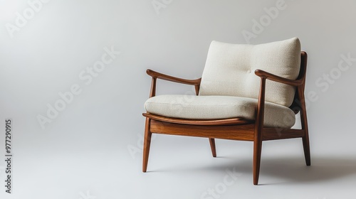 Mid century modern wooden armchair with fabric cushions against a white background