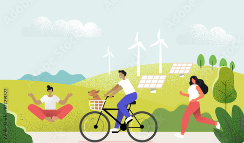 People in nature man rides bicycle through landscape on a sunny day. Vector flat
