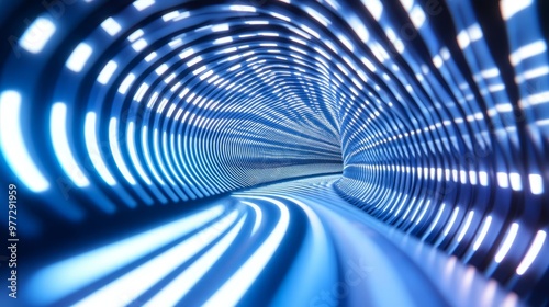 Spiral stage lights in cool blue and white tones, creating hypnotic, surreal atmosphere.