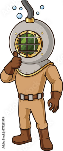 Cartoon deep sea diver thumbs up vector illustration