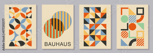 Retro set of geometric vector trendy bauhaus pattern backgrounds set. Vintage posters with 20s geometric design for cover design, poster and interior.