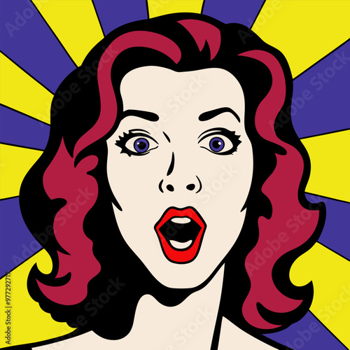 Face of an admiring or surprised woman. Retro pop art comic style. Vector illustration.