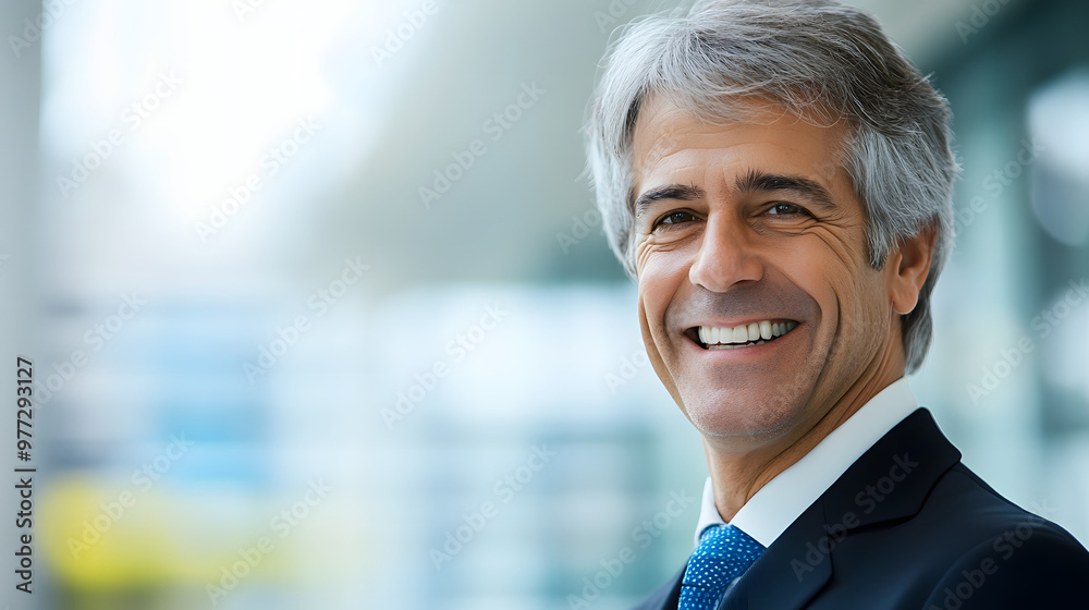 Confident senior executive with a warm smile in formal business attire, close-up portrait in a modern office setting. The image captures professionalism and success