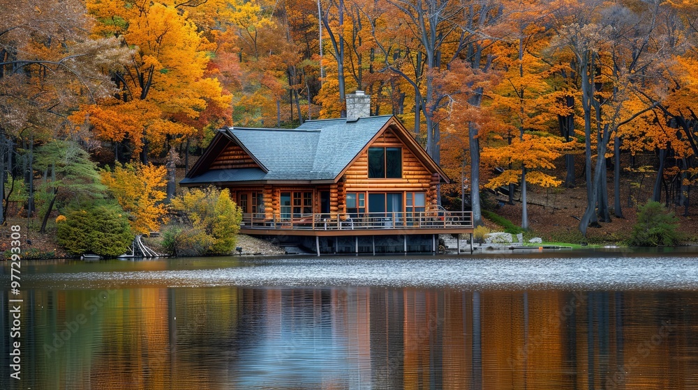 A charming log cabin sits peacefully by a calm lake, surrounded by vibrant autumn foliage reflecting on the water, portraying tranquility and nature's beauty. A charming log cabin sits peacefully by a calm lake, surrounded by vibrant autumn foliage reflecting on the water, portraying tranquility and nature's beauty.