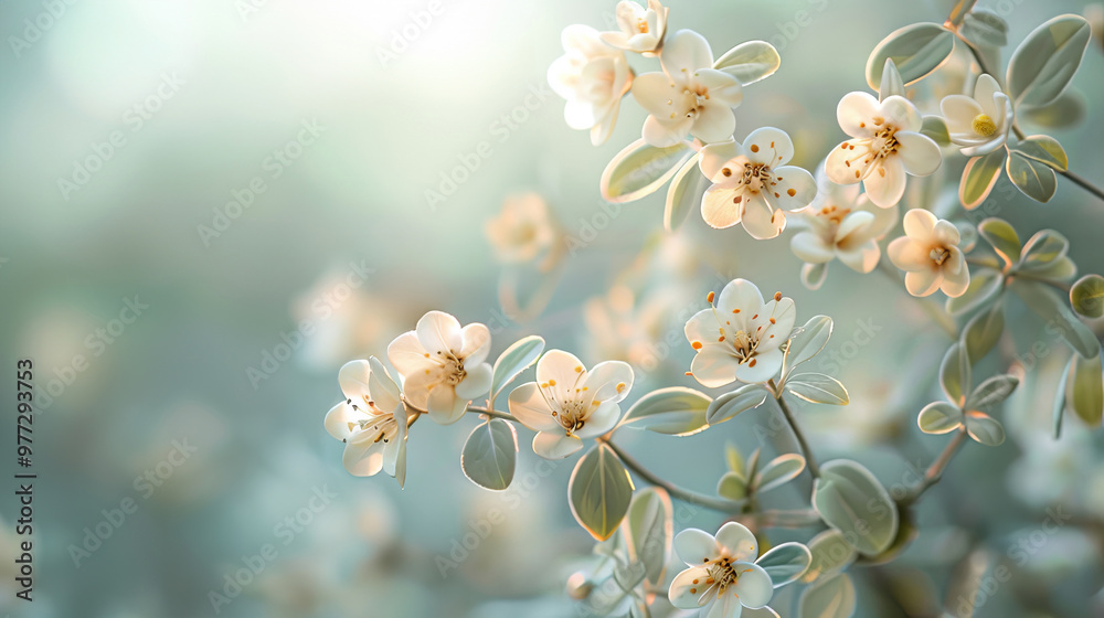 Delicate white blossoms surrounded by green leaves, softly lit by natural sunlight, creating a calm and serene atmosphere. Delicate white blossoms surrounded by green leaves, softly lit by natural sunlight, creating a calm and serene atmosphere.